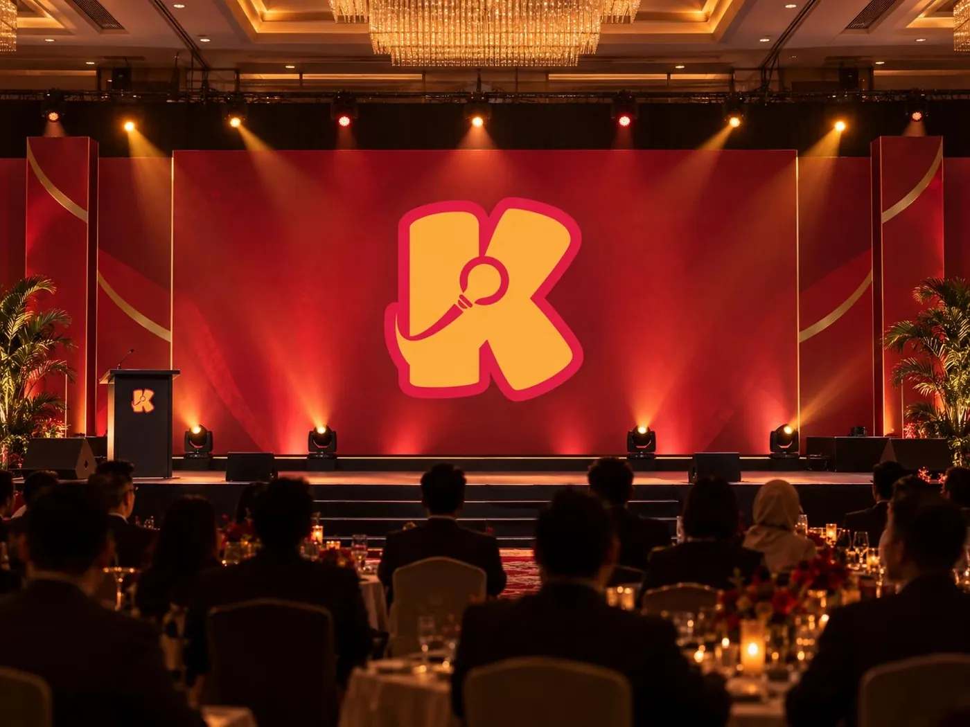 Illustration: launch stage with stage lighting and a seated audience